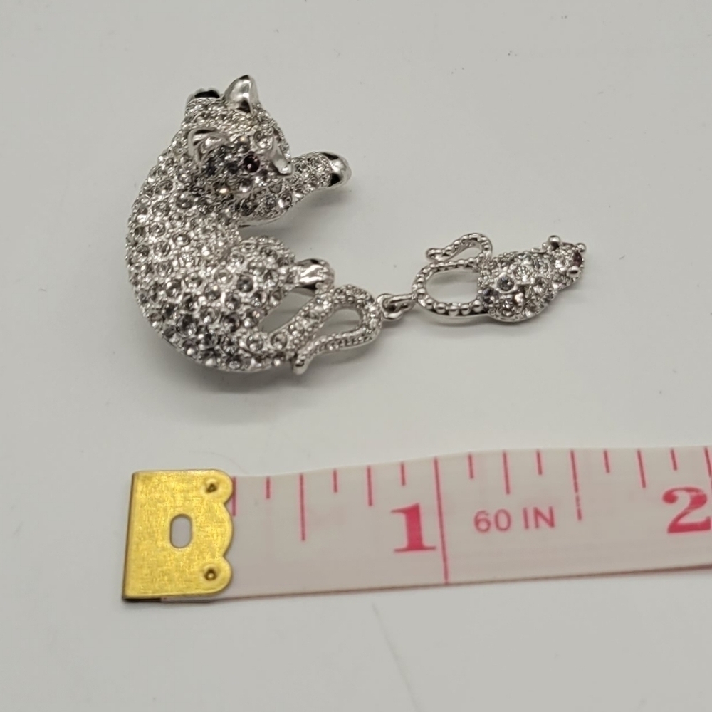 Rare Crystal Rhinestone Pave Cat and Mouse Pin/Brooch Silvertone Metal - Picture 7 of 7